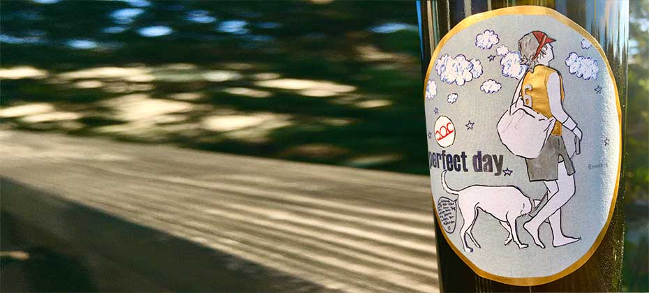 Eine Flasche "Perfekt Day" vom Weingut Pittnauerauf einem Holzbalkon